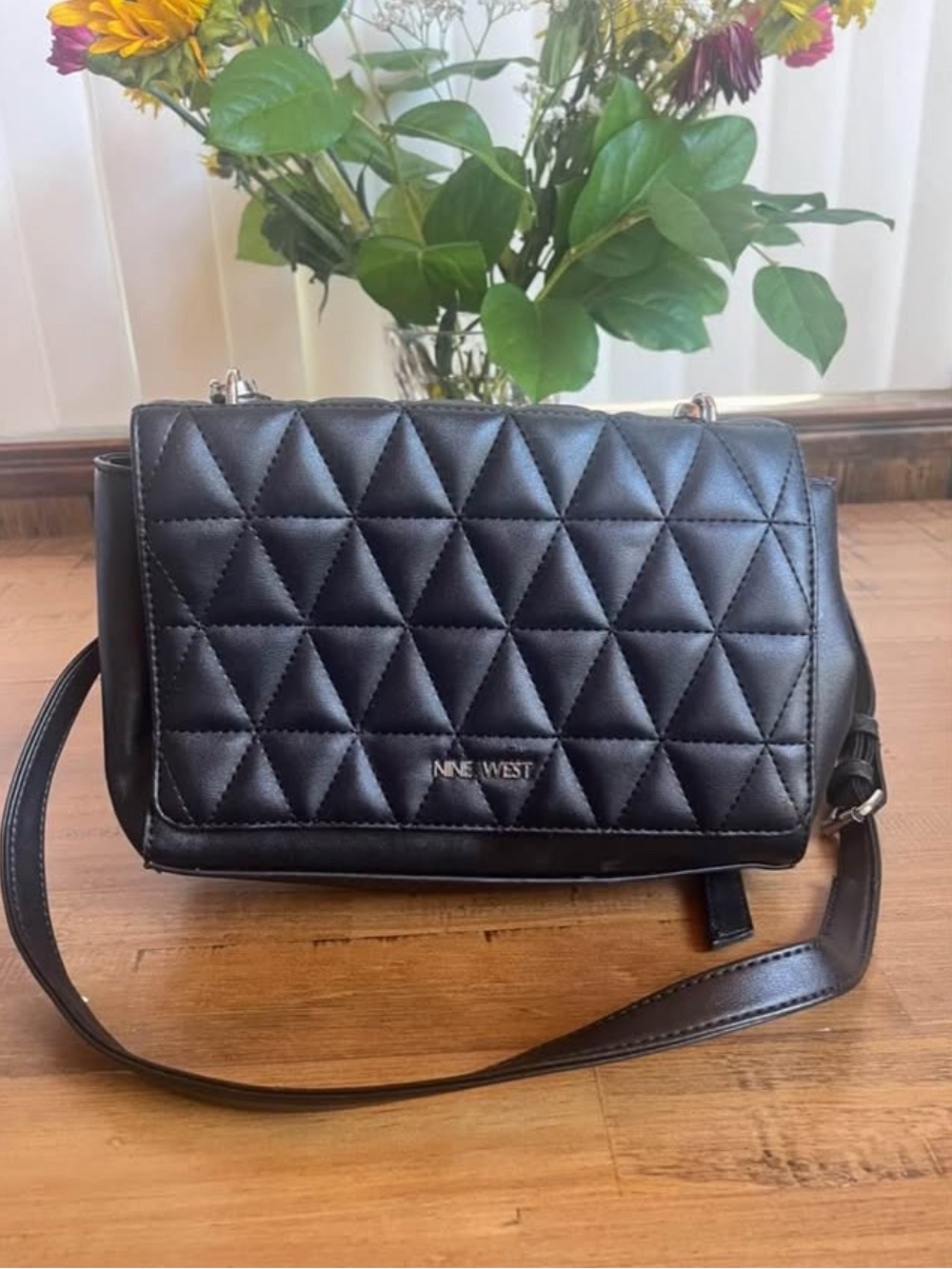 Nine West Black Quilted Triangle Flap Crossbody